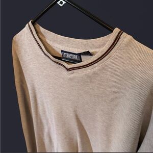 Structure Ribbed Crewneck Sweater in Beige with Brown Stripe Trim
